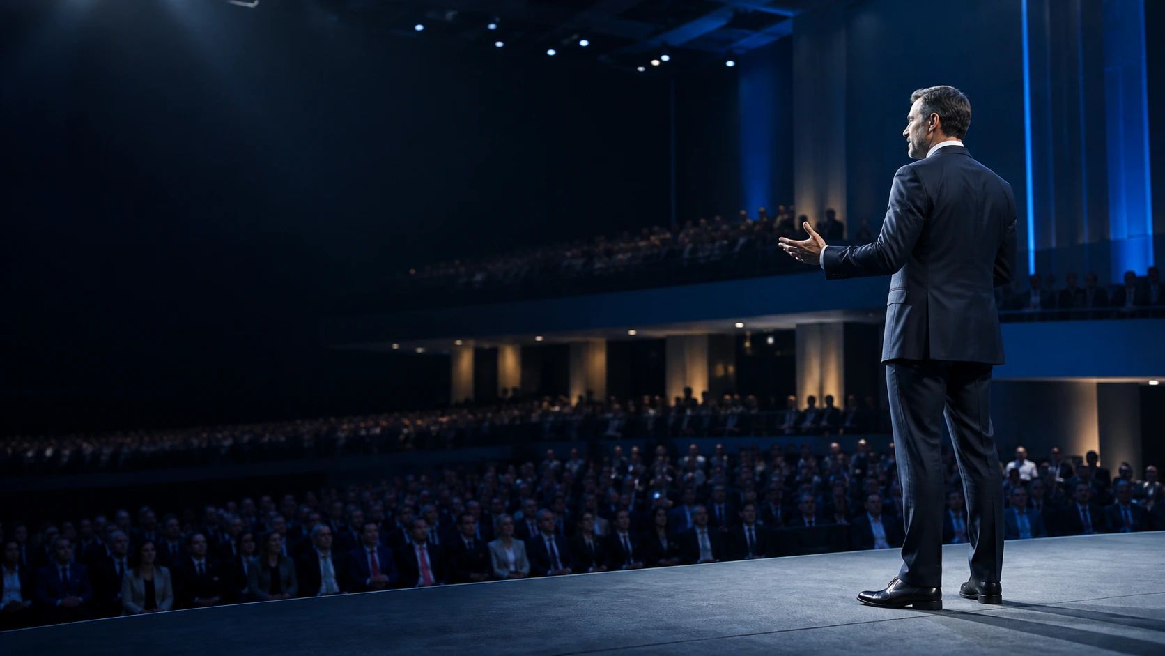 A keynote speaker addressing a large international audience